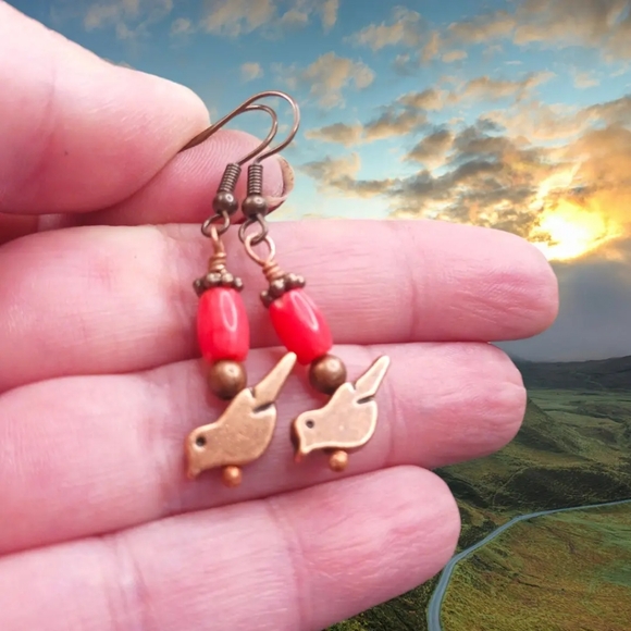 Artisan Earrings Coral and Copper Bird Charm - Picture 4 of 4